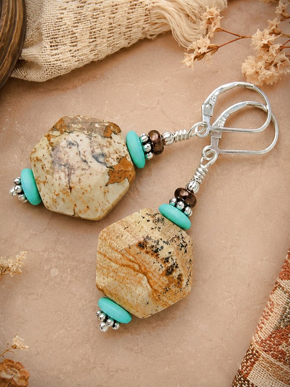 Western Style Earrings, Picture Jasper, 925 Sterling Silver, Artisan Handcrafted